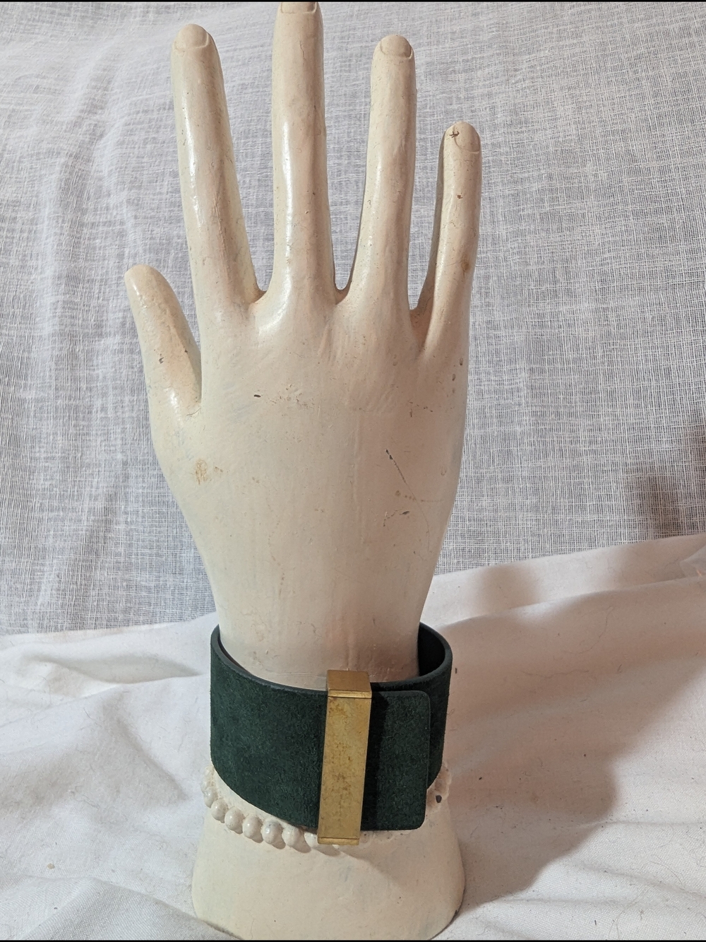 New Celine Dark Green Suede Cuff Bracelet with Signature Logo Gold Bar